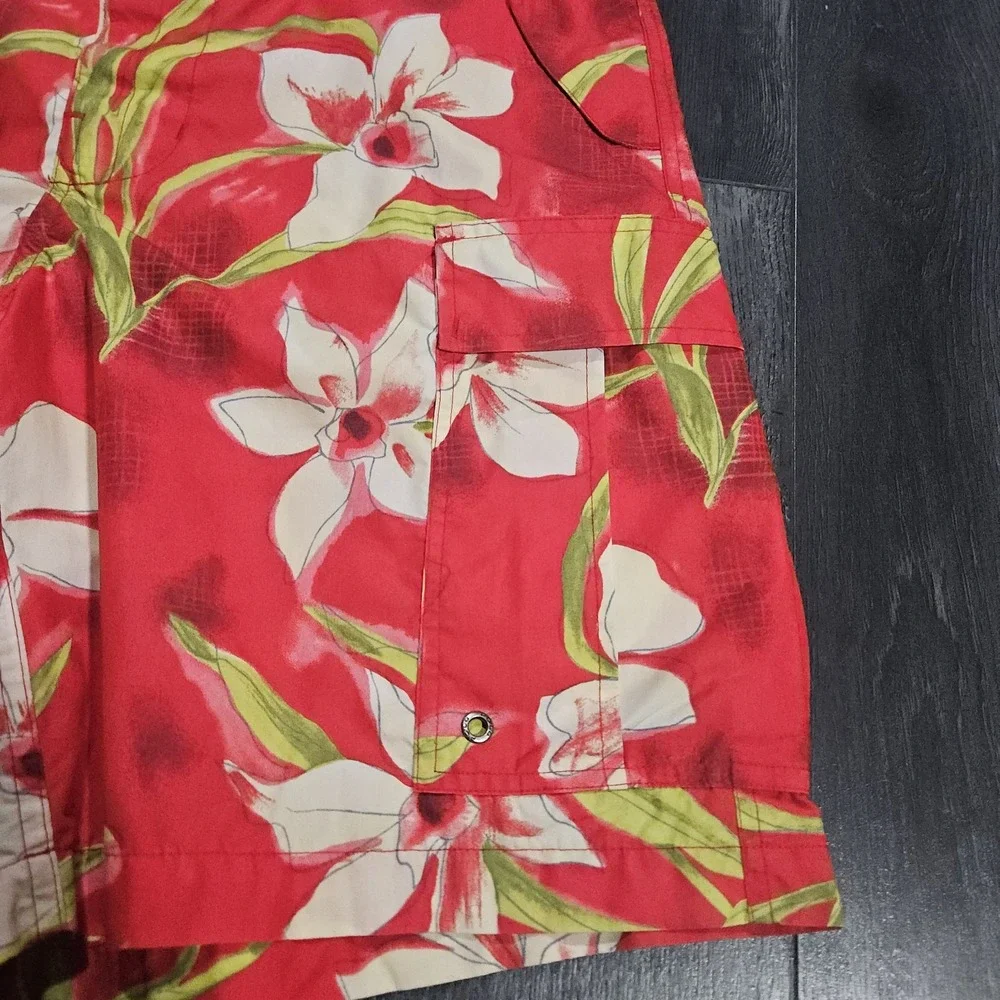 VTG Polo Ralph Lauren Cargo Board Shorts Men M Orange Floral Beach Hawaiian Surf